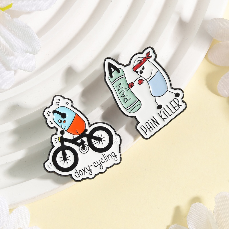 Science Buddies - Doxy-cycling Emaille-Pins Cartoon Schmerzmittel-Broschen Anstecknadeln Wissenschaft