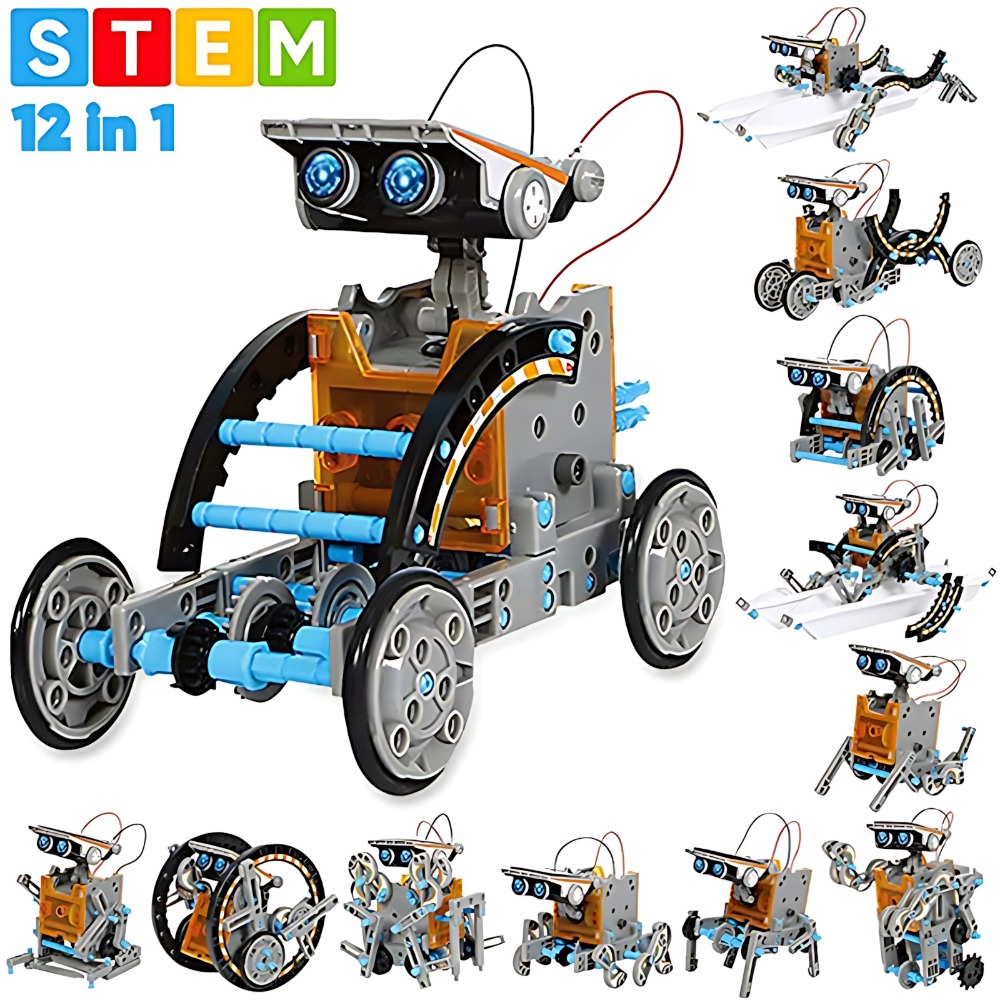 Science Project Robot - Solar-Roboter-Bausteine, 12-in-1-Wissenschaftsexperiment-Set, pädagogisches DIY-Montage-Konstruktionsspielzeug für Kinder,
